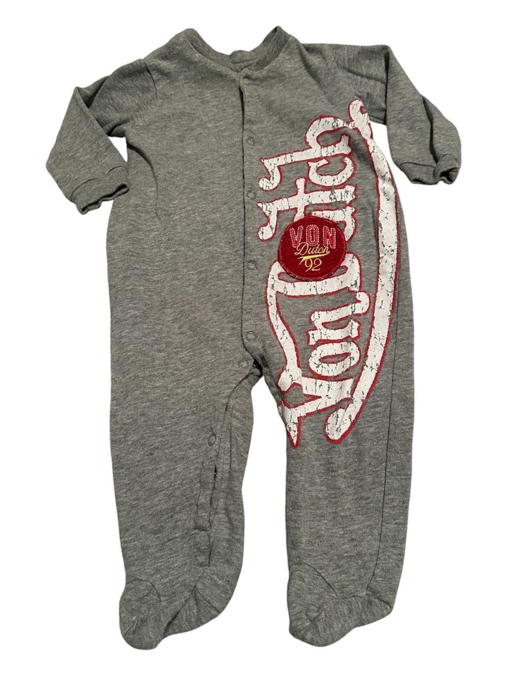 Von Dutch Gray Baby One-Piece Footed Romper with Red Logo-Size 6-9M